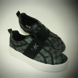 New women's Michael Kors MK Logo Trainer Sneakers Slip On Shoes black/gray